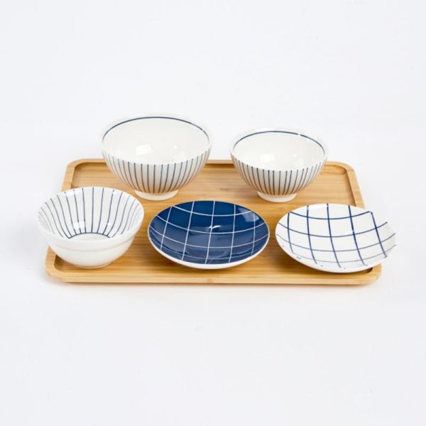 L Blue Line Korean Tableware Set 5P & Bamboo Tray For Sale