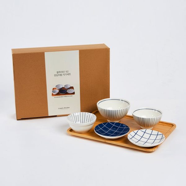 L Blue Line Korean Tableware Set 5P & Bamboo Tray For Sale - Image 2