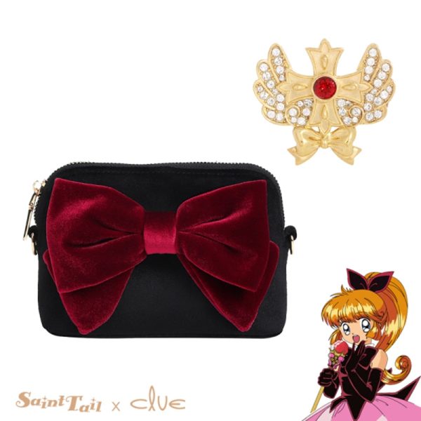Saint Tail x Clue - Saint Velvet Ribbon Black Pouch + Ribbon Brooch Set Fashion